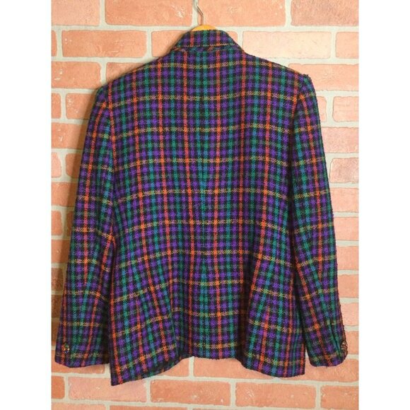 Vintage 80s Womens Blazer Colorful Plaid Jeweled Buttons Boyfriend Jacket Size 8 - Picture 4 of 8